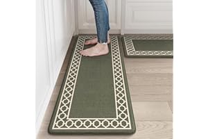 LEEVAN Anti Fatigue Mats for Kitchen Floor Non-Slip, Cushioned Kitchen Mats for Floor 2 Piece, Olive Green Memory Foam Kitchen Mat Set, Waterproof Ergonomic Standing Mat for Bar, Office,Desk, Laundry