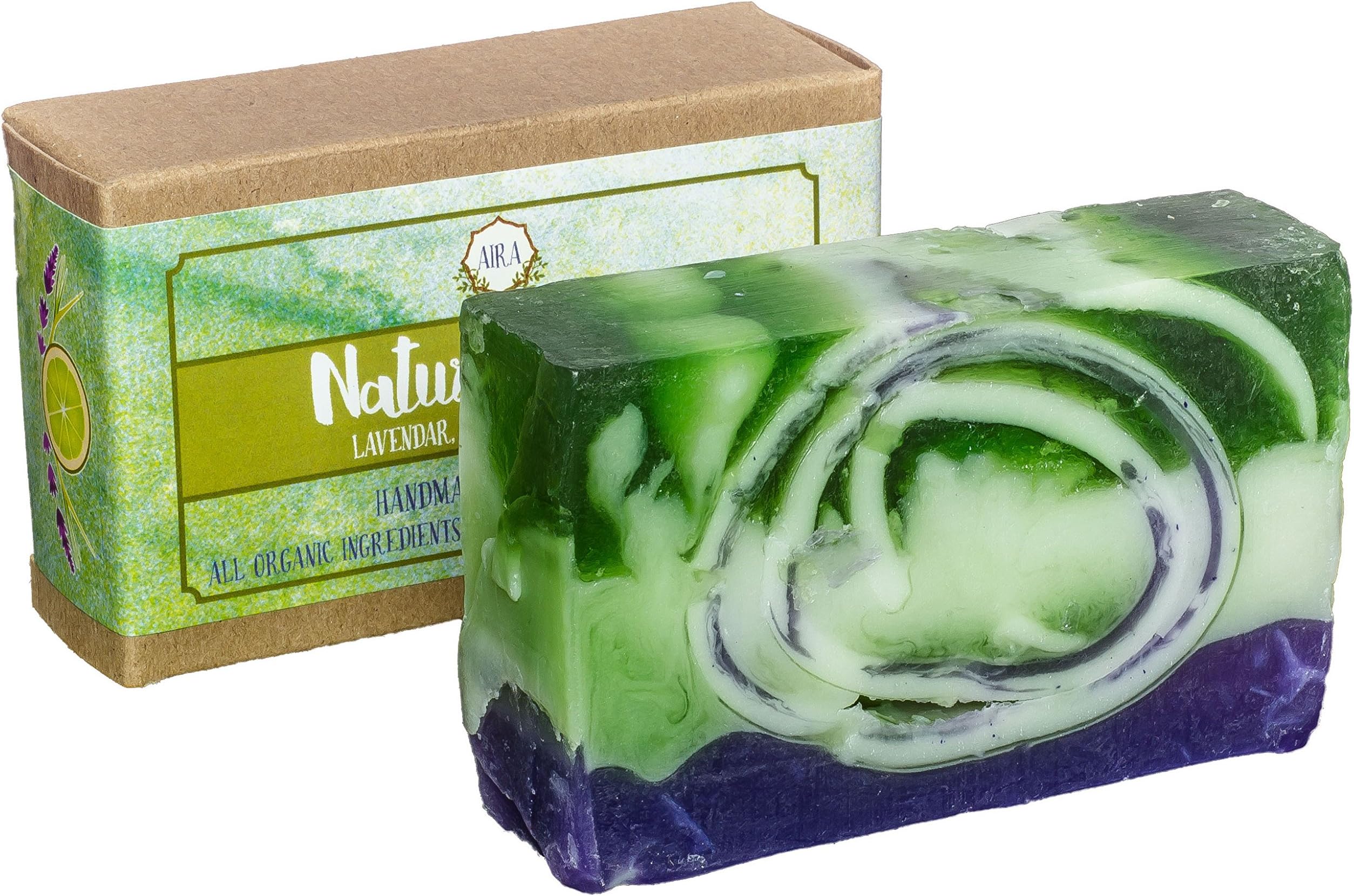 AIRA Handmade Organic Soap – Herbal Bar Body Soap Infused with Lavender, Lime & Lemongrass Extract - Certified Organic Ingredients & Therapeutic Essential Oils –No-Chemical Handmade Soap (4 Ounces)