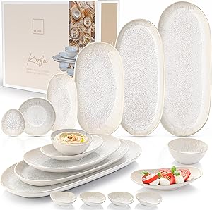 SÄNGER | Servierplatten Korfu 11 tlg, Schalen & Teller Set, Geschirrset Steingut inkl. Servierplatten & Dip Schalen, Servierset Spülmaschinenfest Creme mit sandiger Maserung| PREMIUM COLLECTION