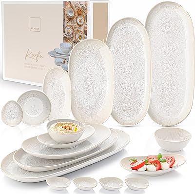 SÄNGER | Servierplatten Korfu 11 tlg, Schalen & Teller Set, Geschirrset Steingut inkl. Servierplatten & Dip Schalen, Servierset Spülmaschinenfest Creme mit sandiger Maserung| PREMIUM COLLECTION