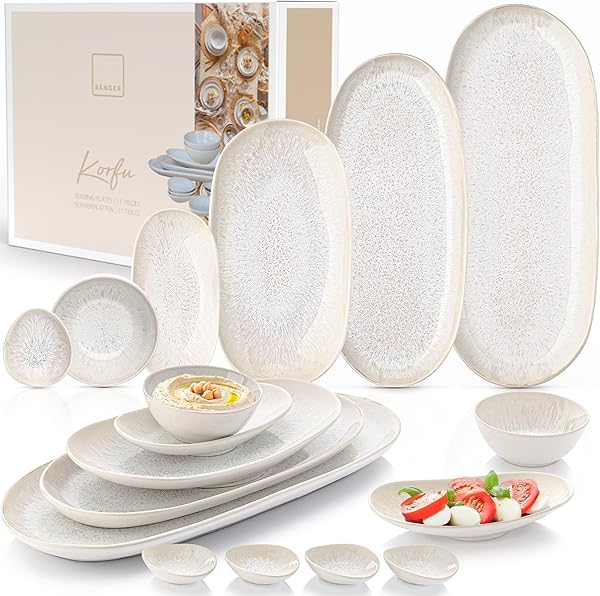 SÄNGER | Servierplatten Korfu 11 tlg, Schalen & Teller Set, Geschirrset Steingut inkl. Servierplatten & Dip Schalen, Servierset Spülmaschinenfest Creme mit sandiger Maserung| PREMIUM COLLECTION