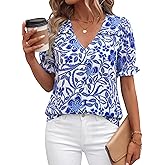 PRETTYGARDEN Womens Boho Tops Summer 2026 V Neck Puff Sleeve Casual Button Down Ruffle Floral Blouses Shirts Work Clothes