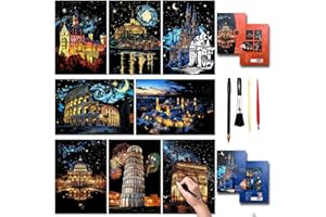 DESINIK Rainbow Scratch Painting Art Kit - Scratch Art Painting for Adults and Kids, DIY Craft Kit with 4 Tools and 8 Sheets of Paper, Ancient Cities Series Creative Gifts 16''x11''(European)