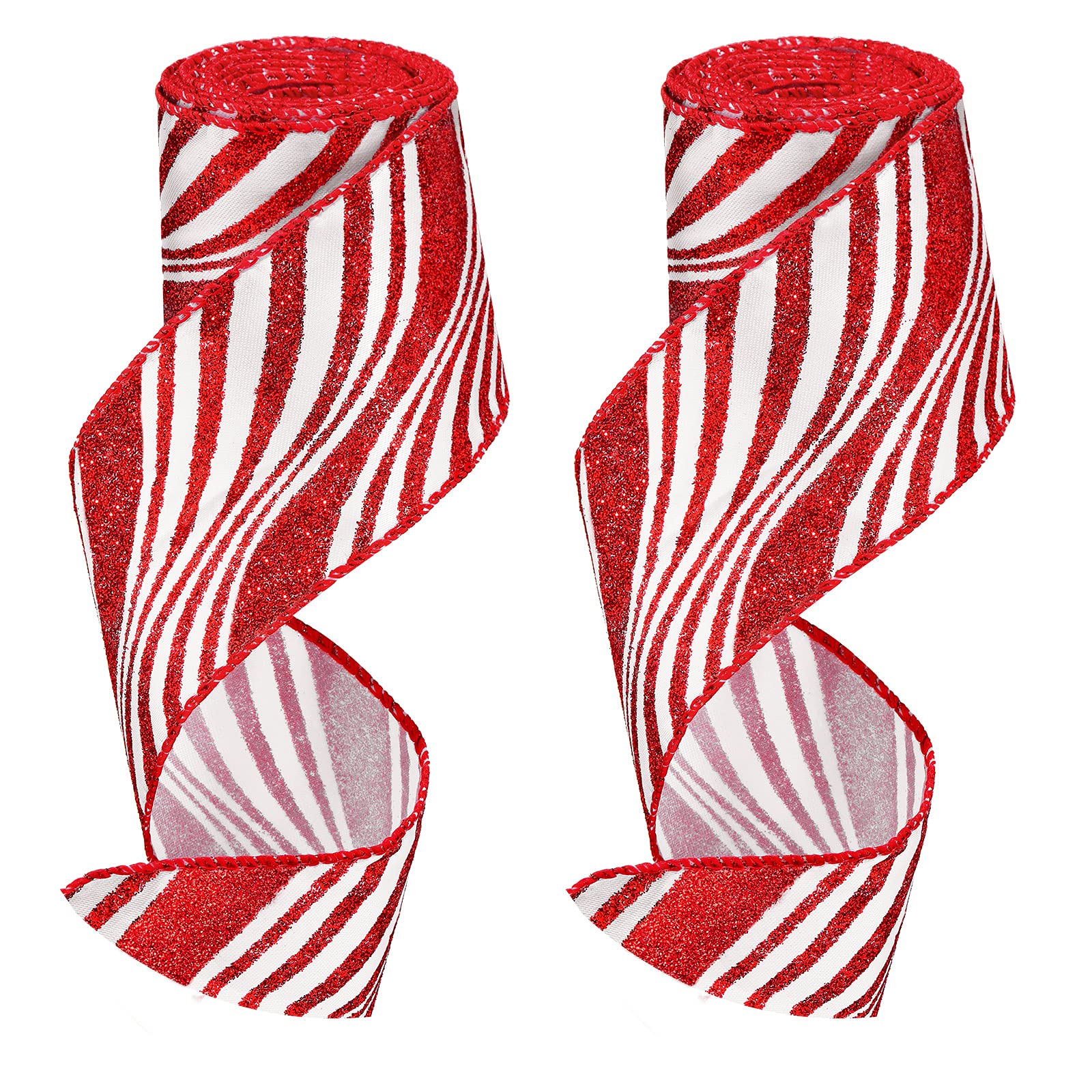 2 Rolls 2.5 Inch x 6 Yards Christmas Red and White Ribbon Christmas Candy Cane Wired Edge Ribbons DIY Craft for Xmas Tree Decorations Wreath Bows Making Gift Wrapping(Arcuate Stripes)
