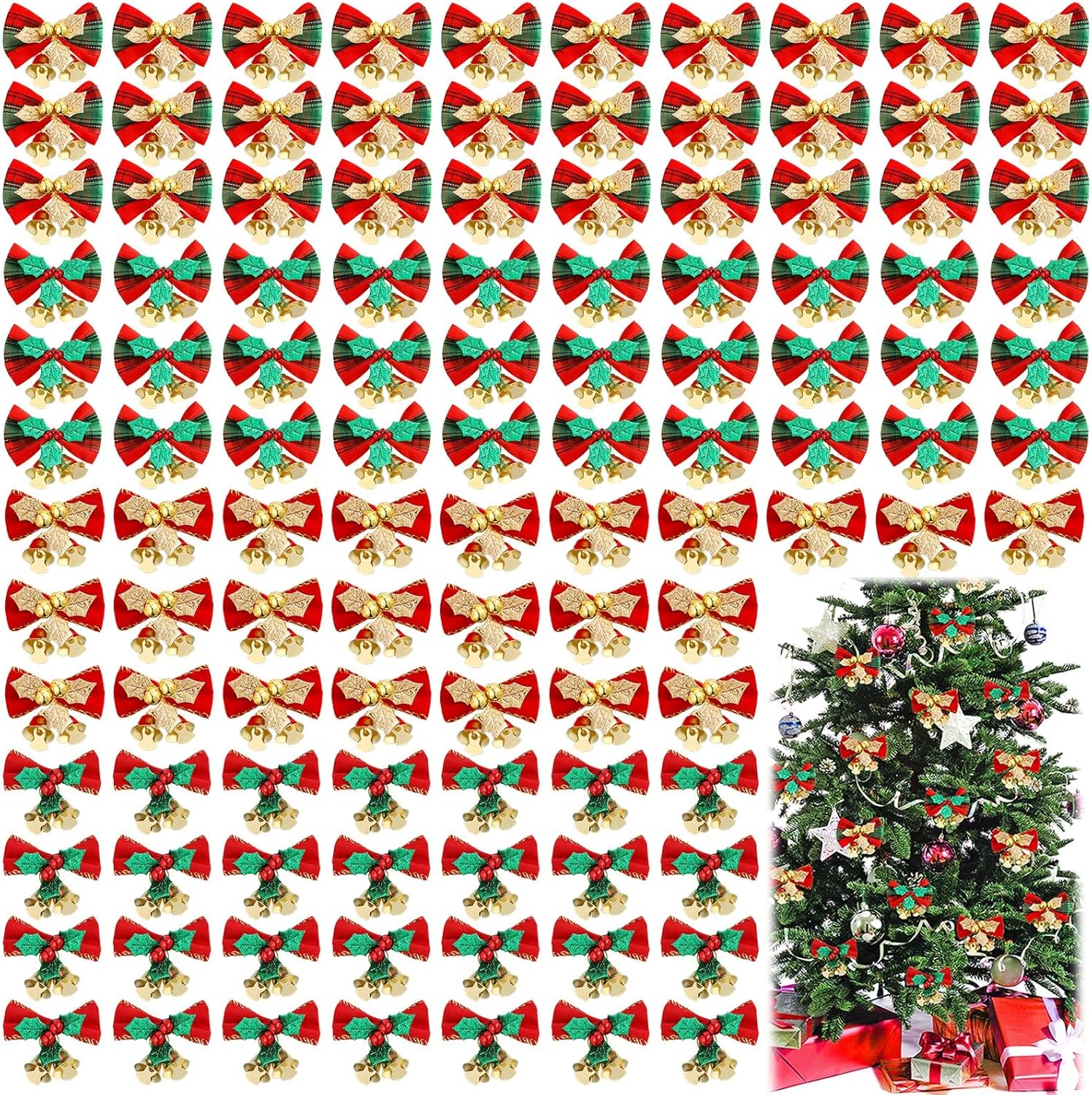 Bows & Ribbons - Christmas Bow with Bells for Crafts Christmas Mini Bowknot Ornament Craft Present Bow Christmas Tree Wreaths Hanging Decor (200 Pieces)