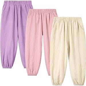 Miipat Toddler Cotton Linen Pants, 3 Pack Elastic Waist Harem Bloomer Pants, Baby Boys Girls Loose Summer Casual Joggers