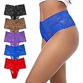 GAREDOB High Waisted Thongs Lace Full Coverage Soft Tangas Tropical Plants Lace Thongs Comfortable Sexy Underwear