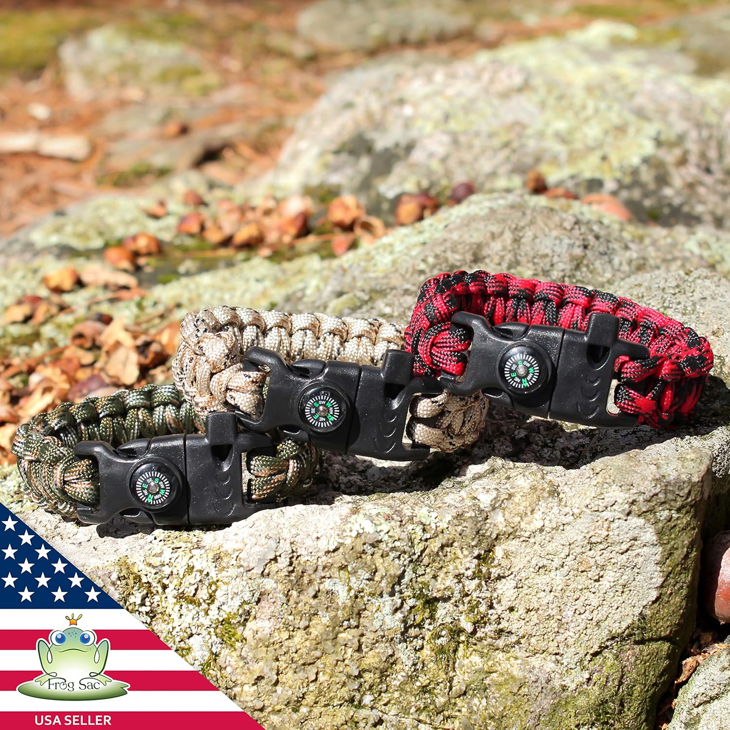 FROG SAC 3 Paracord Bracelets for Men - Camo Paracord Survival Bracelet Pack for Men with Compass, Fire Starter and Whistle - Tactical Gear Bracelets : Sports & Outdoors