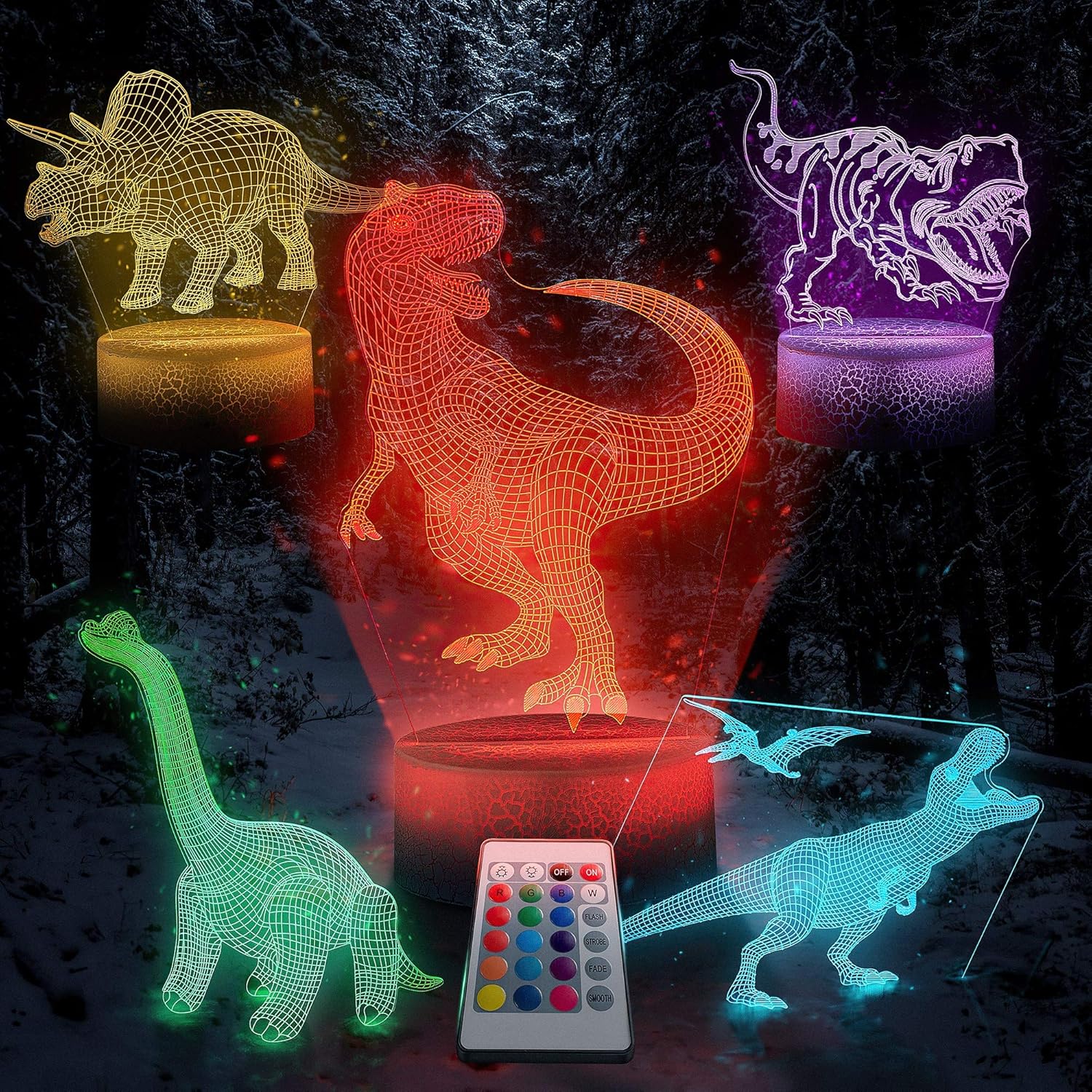 Trendy Home & Garden 3D Dinosaur Night Light- 5 Designs 16 Colors Changing LED Decor Lamp with Remote. 3D Illusion Toy Lamp Nightlight