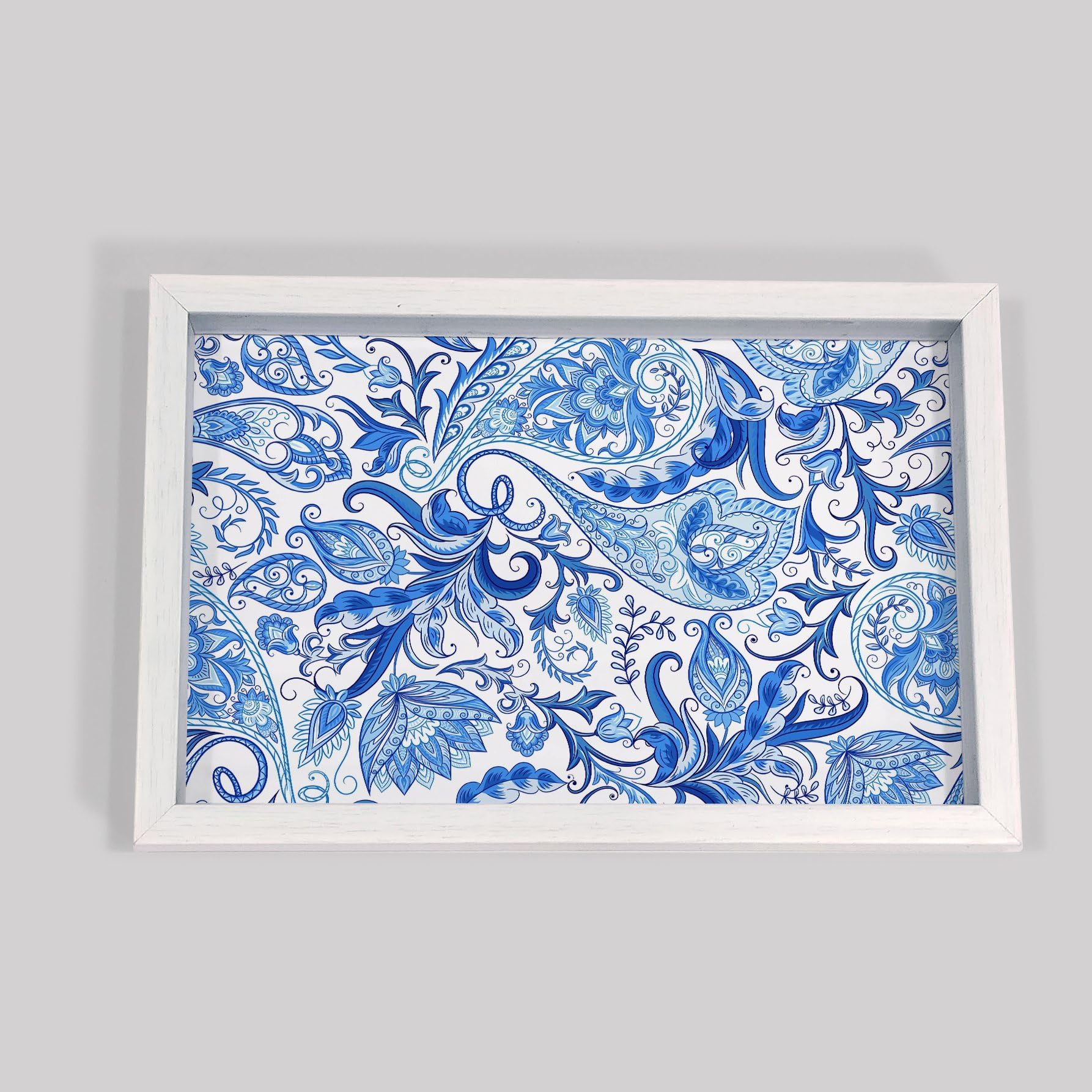 BRAHMA DESIGN Blue Orient Design White Border 8x12 Tray - Kitchen, Dining, Serving & Desk Tray is Made of Fibre Frame with Acrylic Insert in Rectangle Shape Size 8" x 12"