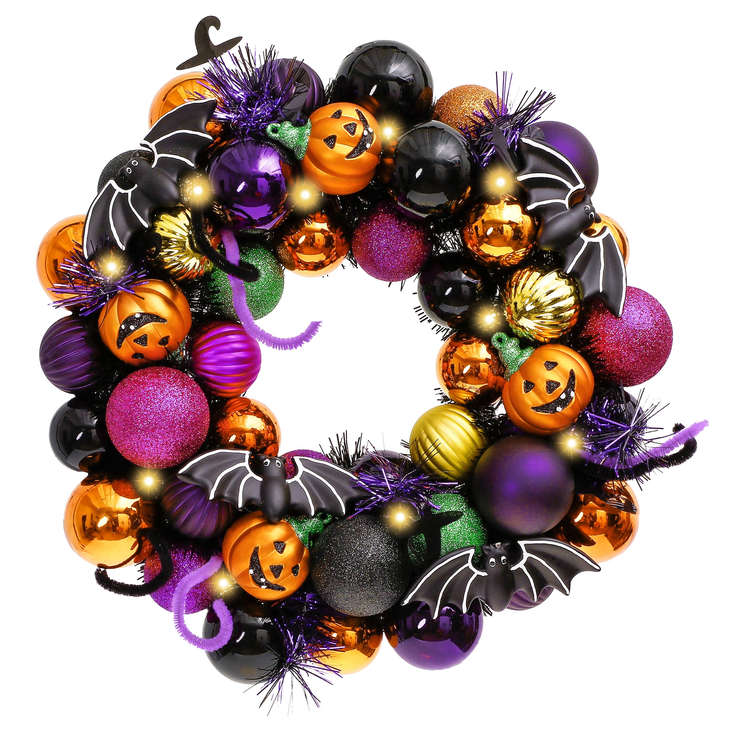 Valery Madelyn Halloween Wreath for Front Door, Craft Halloween Decorations with Led Lights, Wreath with Various Bauble Ornaments for Home Table Centerpiece Window Mantel Party Indoor Outdoor,12 inch