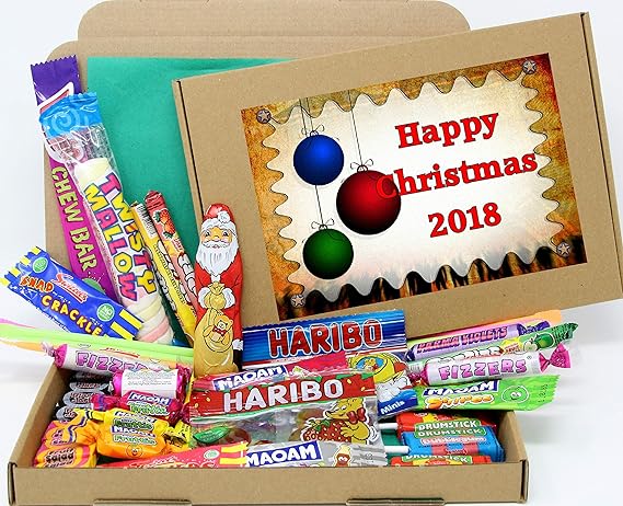 Retro Christmas Sweet Box With Xmas Tree Baubles Design. A Unique Selection Box &amp; Stocking