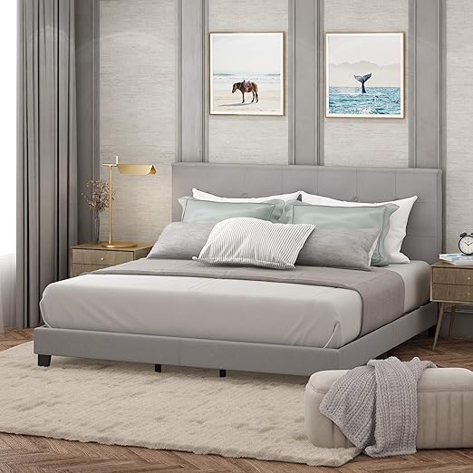 Amazon Com Furinno Laval Button Tufted Upholstered Platform Bed King Glacier Furniture Decor