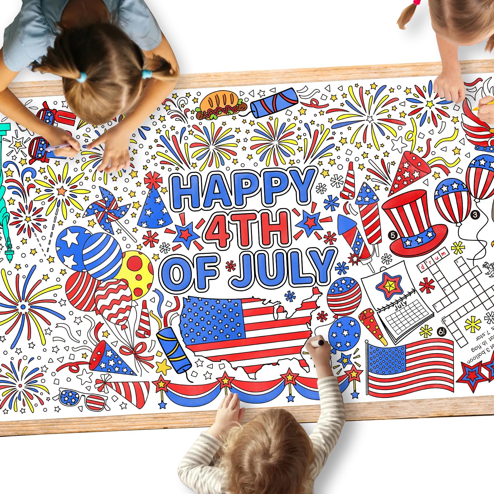 Gatherfun 4th of July Coloring Tablecloth | Patriotic Giant Poster 31.5x72 | Ideal for Independence Day Decor & Activities | American Flag-Themed for Classroom Wall or School Party Table Cover