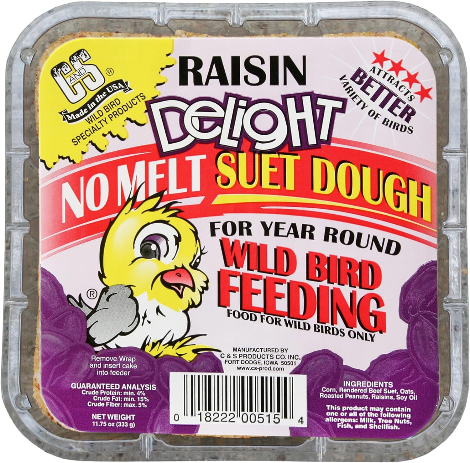 Backyard Birding & Wildlife - C&S Raisin Delight No Melt Suet Dough 11.75 Ounces, 12 Pack
