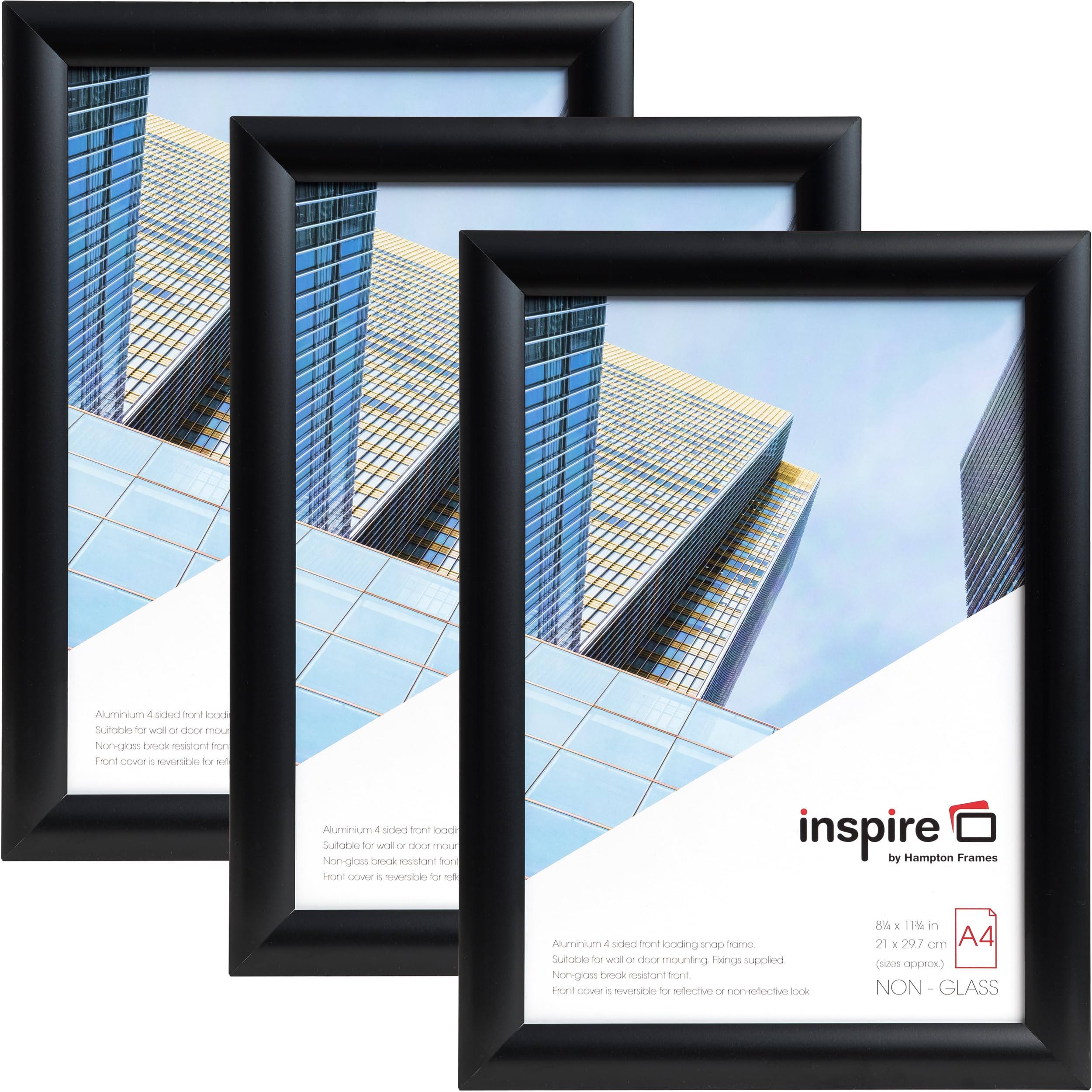 inspire by Hampton Frames | Snap Frame Pack, Model IBH-SNAPA4BLK-3PK | A4 (21x30cm), Black, Acrylic Front | Easy Change, Wall Mountable, Lightweight | Display Photos, Posters