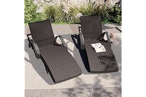 Merax 80'' Outdoor Wicker Chaise Lounge Chairs Set of 2, Patio Rattan Reclining Chair with Pull-Out Side Table, 5 Adjustable 