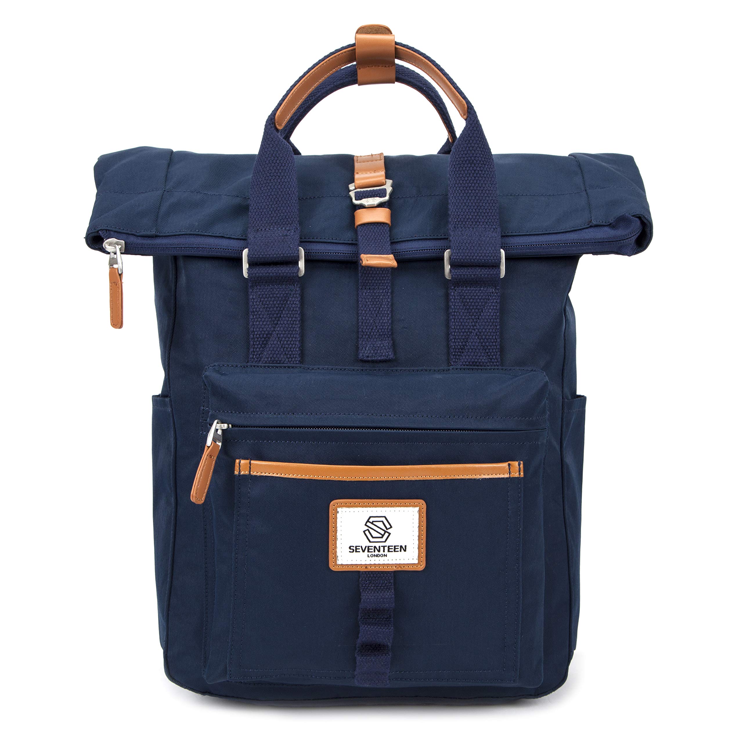 SEVENTEEN LONDON – Modern Cycling Navy 'Canary Wharf' Fold Roll Top Backpack in a Classic Slim Urban Design – Fits Laptops up to 15" — image 1