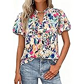 MASCOMODA Boho Short Sleeve Floral Work Blouses for Women Dressy Casual V Neck Puff Sleeve Loose Chiffon Flowy Tops Shirts