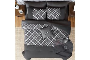 WRENSONGE Plaid King Comforter Set, 8 Pieces Grey Printed and Spliced Plaid Herringbone Bedding Set, Microfiber Soft Farmhouse Comforter Set with Decor Pillow, Lightweight Breathable for All Seasons