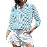 CUNLIN Grade 4 Wrinkle-Resistant Women's Button Down Shirts Striped Long Sleeve Collared Blouses Tops with Pocket