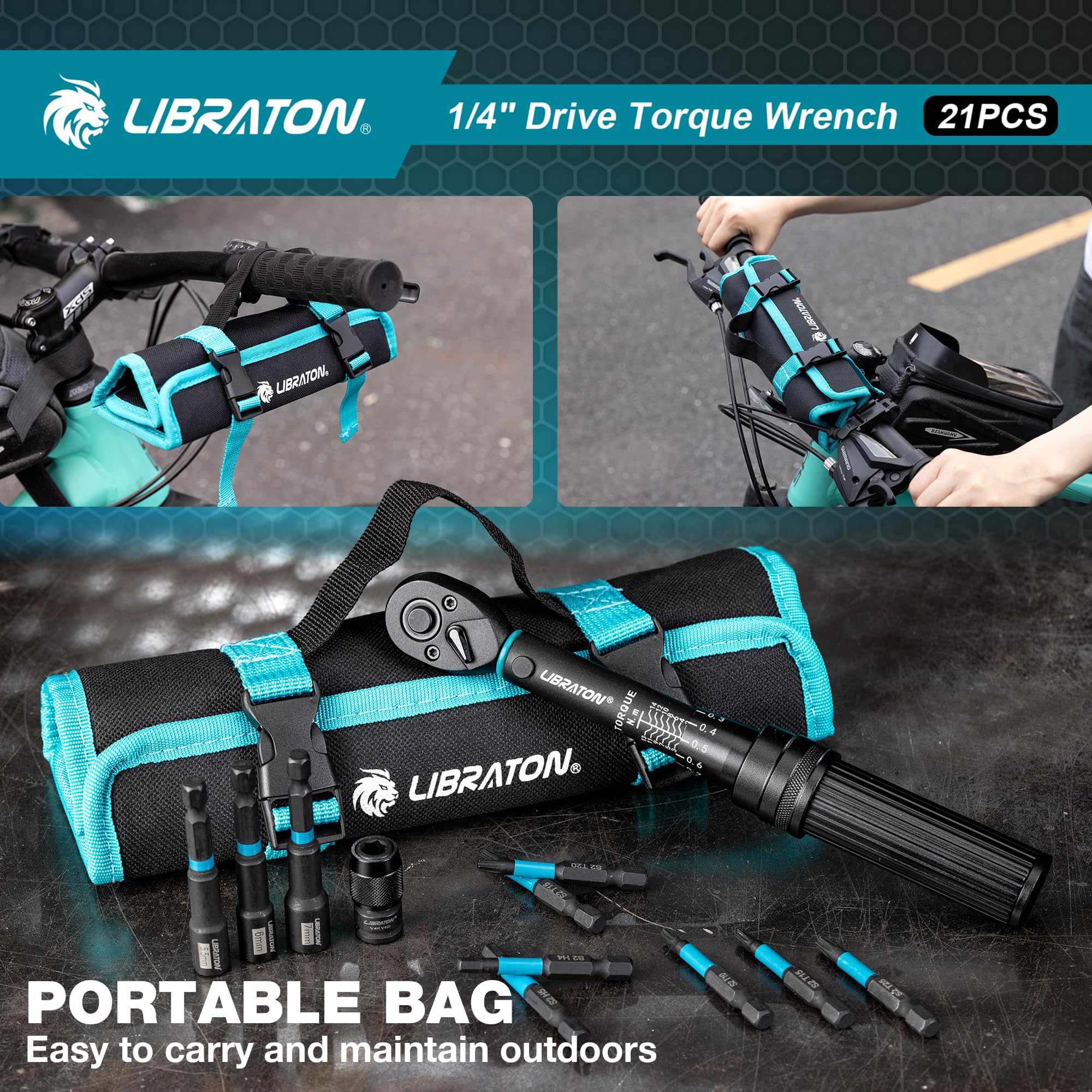 LIBRATON Drehmomentschlüssel 1/4", 2-14Nm, 72-Zahn-Drehmomentschlüssel, Mikroeinstellung auf 0,1Nm, Sechskant & Torx Schlagbits, Steckschlüssel, Schlag- auf 1/4-Sechskant-Konverter, Fahrrad-Reparatur 7