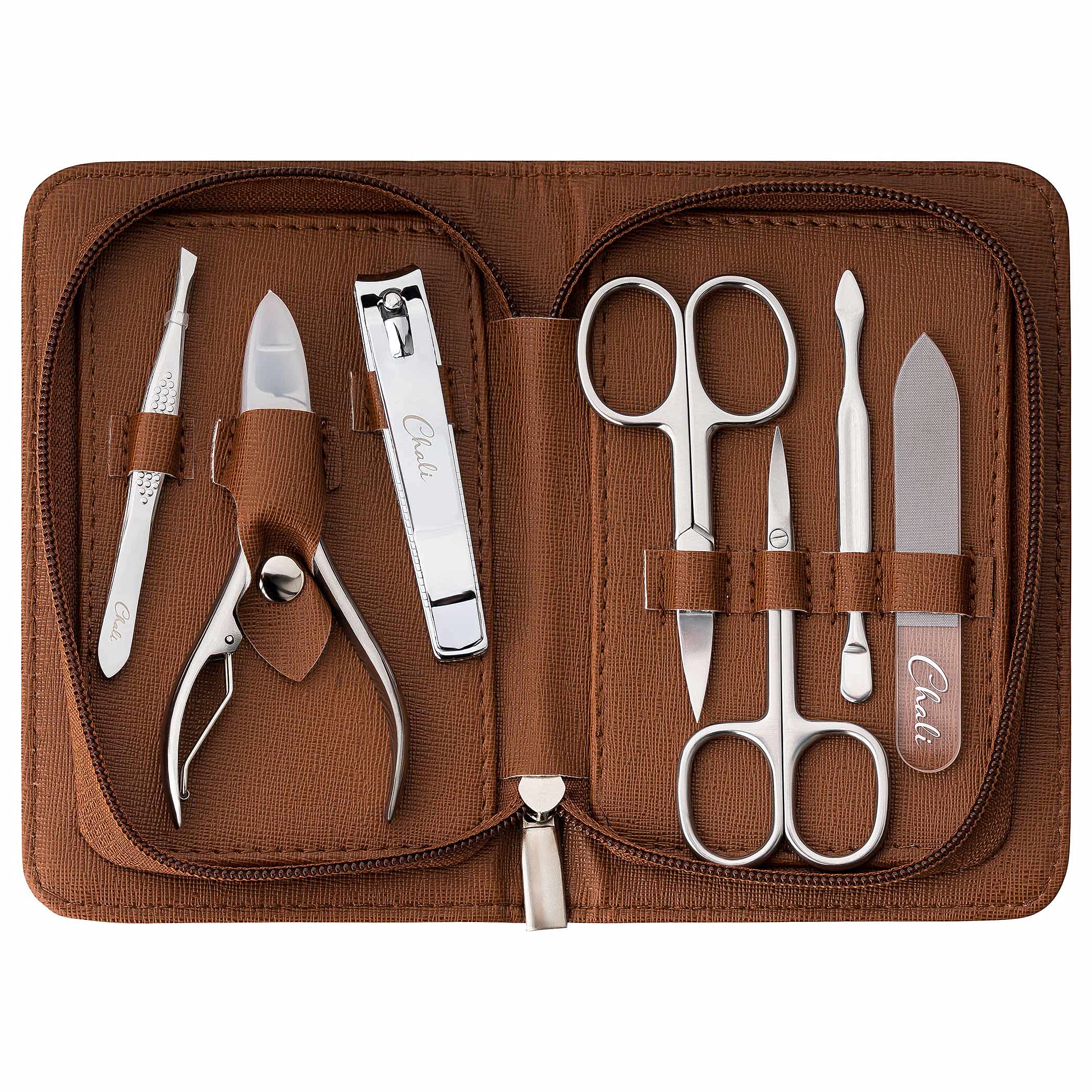 Chali® Manicure Set 7-pcs with case, stainless steel manicure/pedicure kit for nail care - scissors, clippers, tweezers, glass nail file