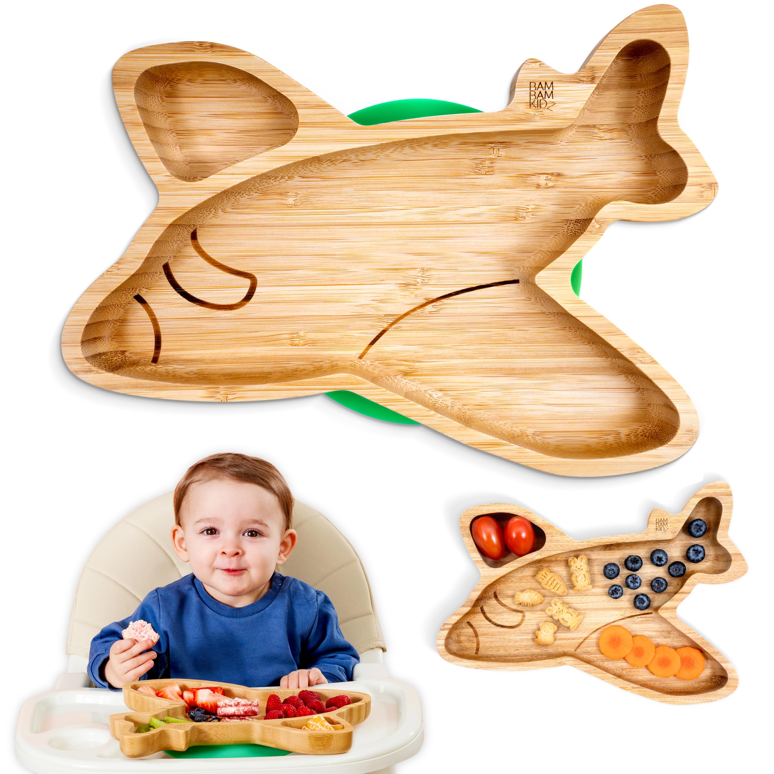 BamBamKidz Bamboo Divided Suction Plate Baby - Strong Suction Toddler Plates - Non-Toxic All Natural Eco Friendly Materials - Plane