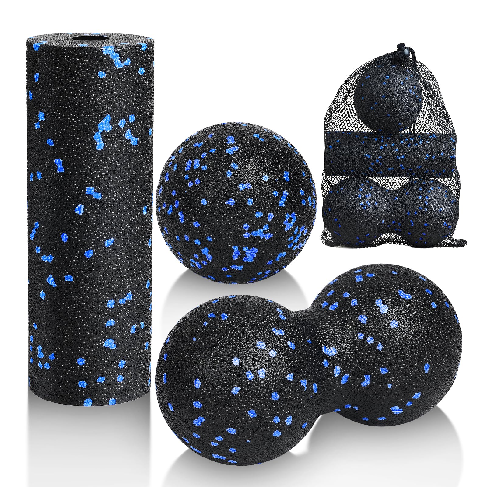 LOPHE 3 Pcs Massage Ball Set, Muscle Massage Foam Roller, Peanut Ball Massage The Fascia, Double Lacrosse Ball, Self Massage Ball with Storage Bag, Relieve Body and Foot Muscle Tension (Blue)