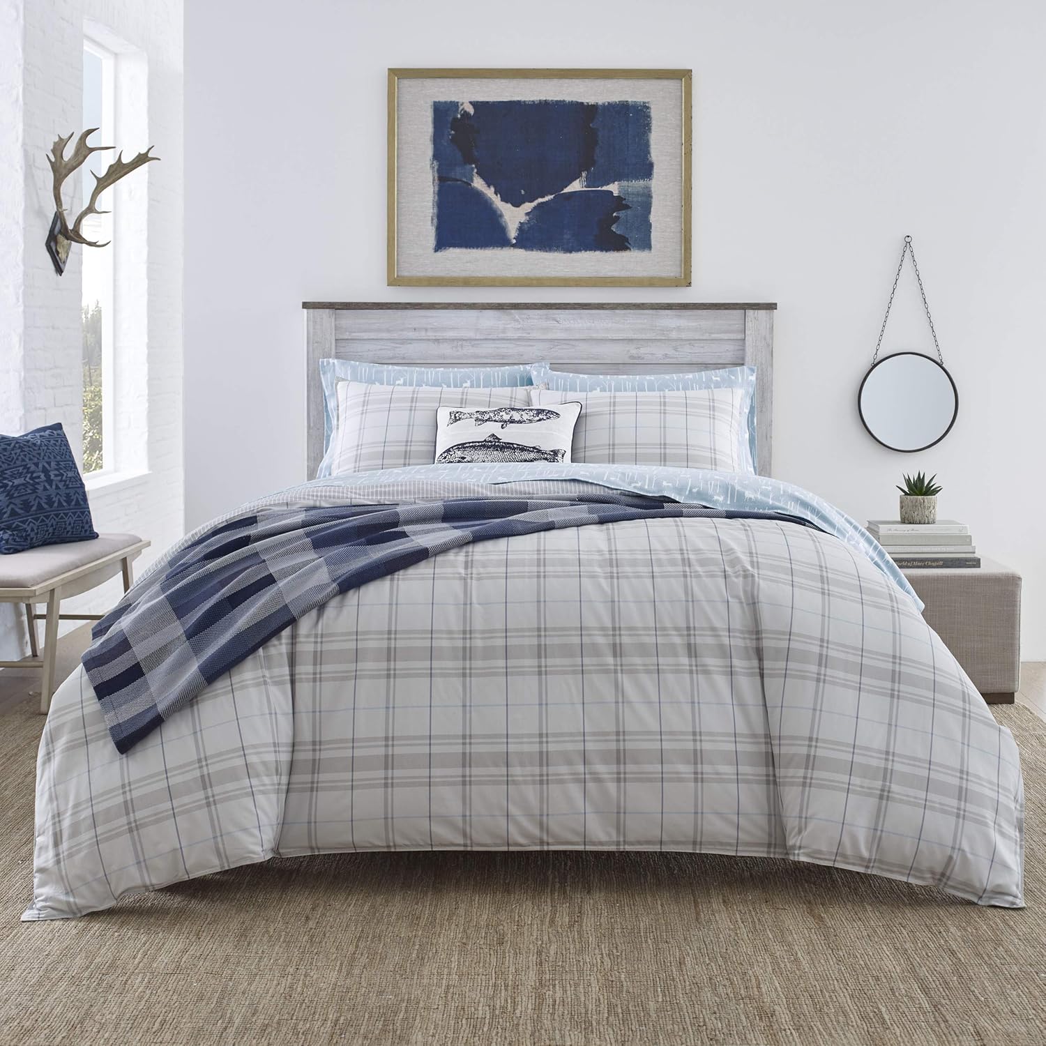 Eddie Bauer | Grays Harbor Collection | 100% Cotton Soft & Cozy Premium Quality Plaid Comforter with Matching Shams, 3-Piece Bedding Set, Full/Queen, Grey