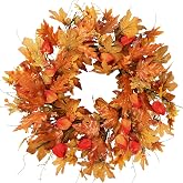 Sggvecsy Fall Wreath 21’’Artificial Autumn Front Door Wreath with Orange Maple Leaves Lantern Fruit Berries Cape Gooseberries for Outside Indoor Wall Window Festival Thanksgiving Harvest Fall Decor