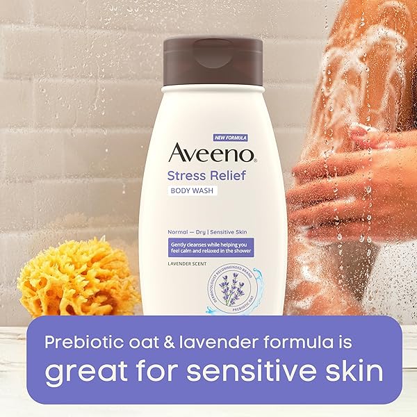 AVEENO STRESS RELIEF BODY WASH WITH NOURISHING OAT & LAVENDER SCENT FOR SENSITIVE SKIN, GENTLY CLEANSES & HELPS YOU FEEL CALM & RELAXED IN THE SHOWER, SOAP-FREE, 18 FL. OZ