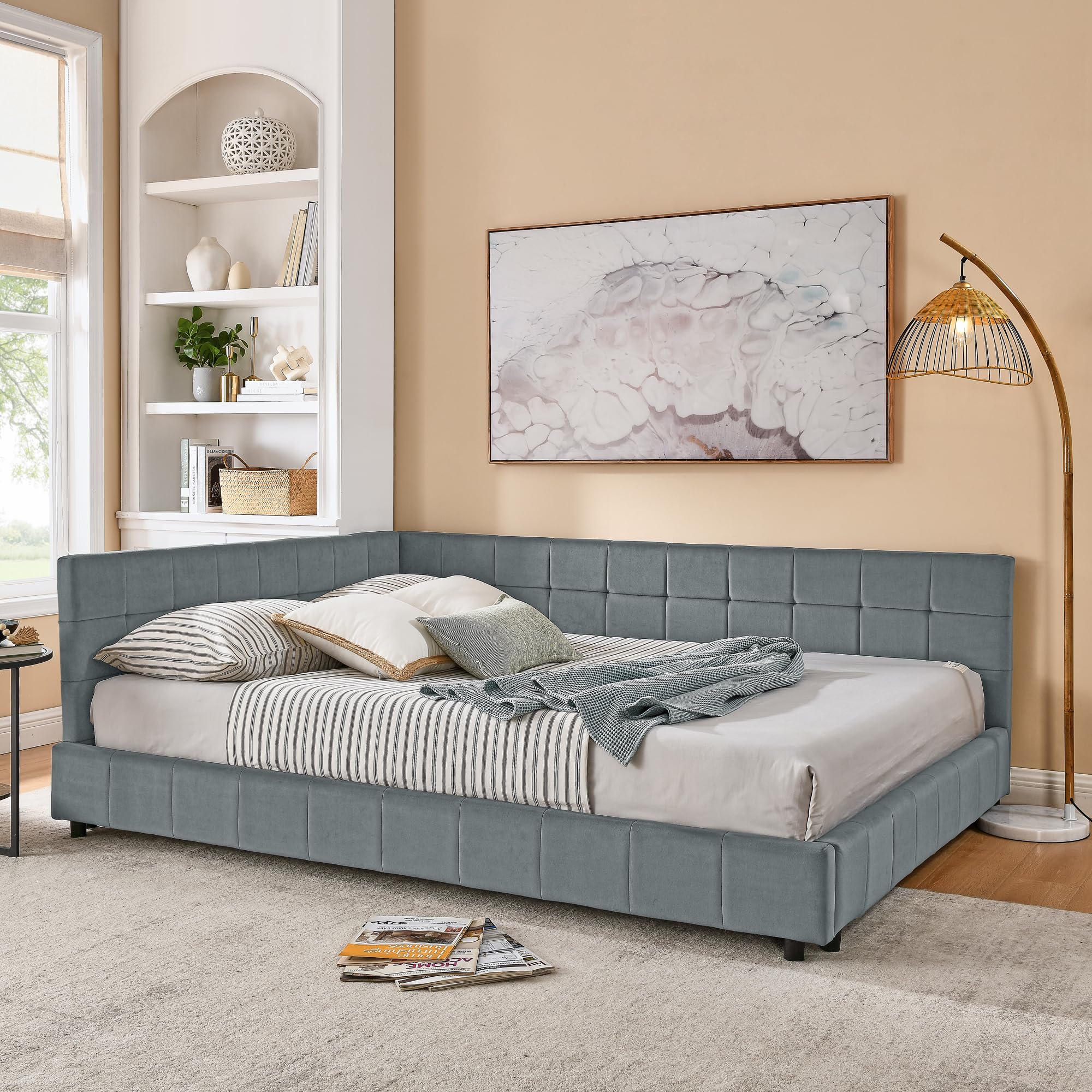 Photo 1 of ***Damaged Packaging*** ***Loose Hardware In Box*** KEIKI Queen Size Upholstered Tufted Bed Frame, Sofa Bed Frame with Comfortable Backrest and Armrests, Queen Size Bed for Bedroom, Living Room,Velvet, Grey(85.5''*64.5''*30.5'')