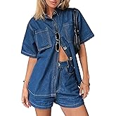 Womens Denim Set Casual Short Sleeve Denim Top and jeans Shorts Lounge Sets Summer Two Piece Sets For Women Outfits