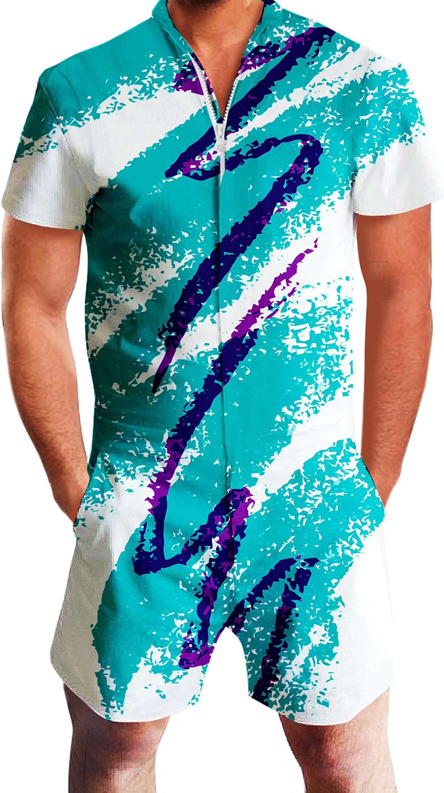 Mens One Piece Romper 3D Printed Zipper Jumpsuits Summer Casual Short Sleeve Overalls