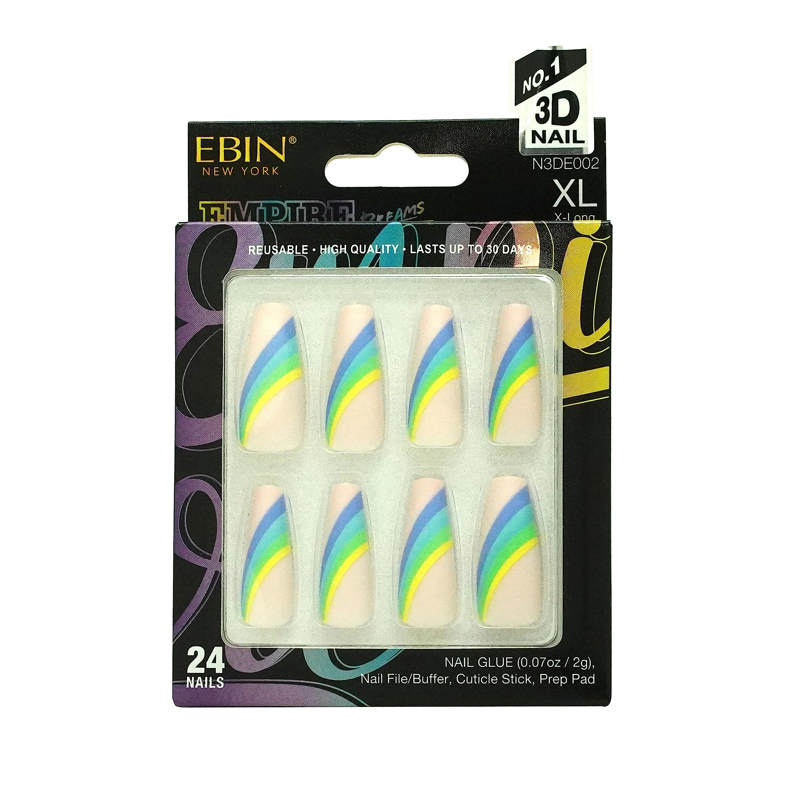 EBIN NEW YORK EMPIRE DREAMS - Good Vibes | Press on Nails Long and Extra Long Coffin Style, Colorful Patterns with Gloss and Matt Texture, Y2K Pop Style False Nales for Daily Wear, Festival
