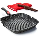 Moss &amp; Stone Grill Pan for Indoor Cooking 11Inch Nonstick Square Grill Pan | RV Induction Griddle Pan with Removable Handle for Gas, Electric &amp; Ceramic Stovetops, Oven Safe Skillet with Pour Spouts