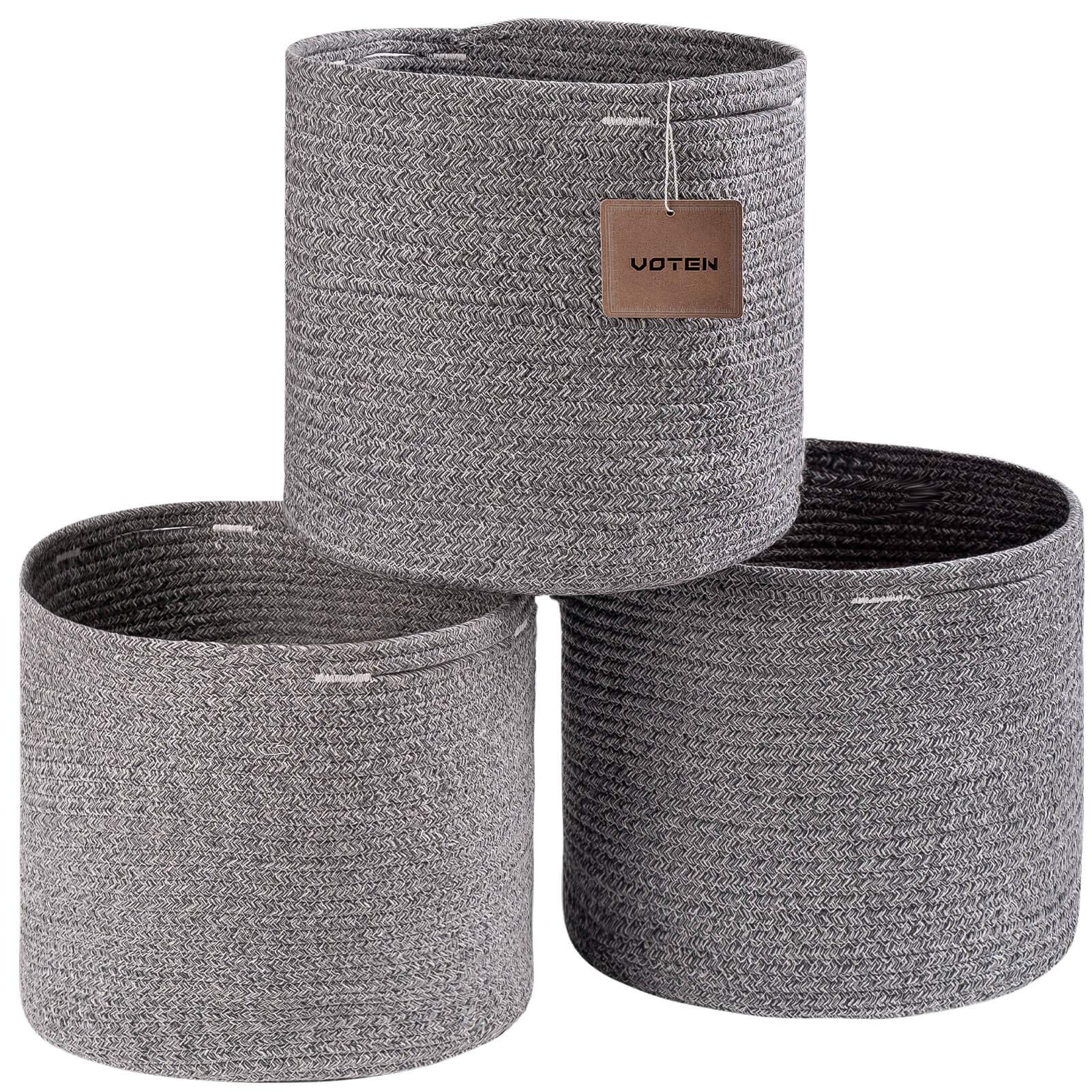 voten Cotton Rope Storage Baskets Bins 3 Pack Storage Cube Organizer Foldable Decorative Woven Basket with Handles for Clothes,Toys,Laundry,Books,Towels,Nursery(Round,11x11x11,Grey)