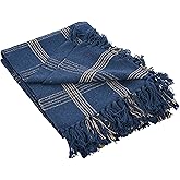 Creative Co-Op Recycled Cotton Blend Throw Blanket with Fringe, Blue Plaid