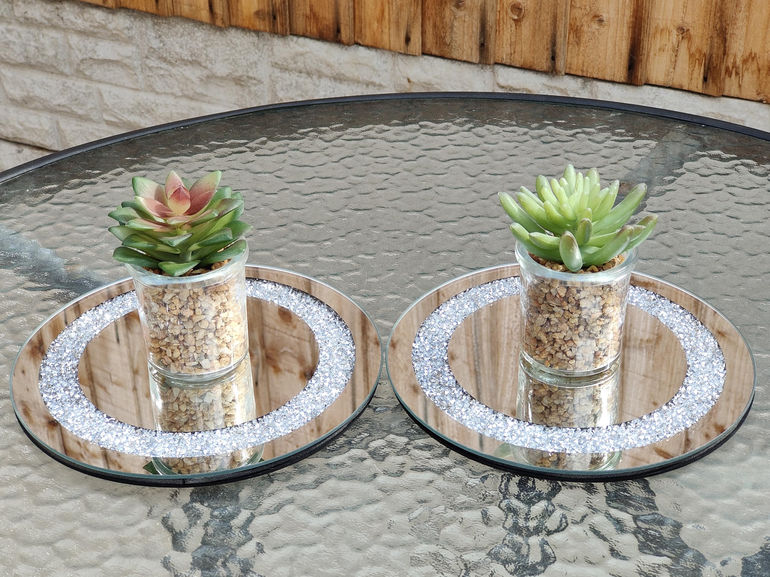 EagleWiz Set of 2 Silver Round Crushed Jewels Diamante Mirrored Candle Plate Wedding Table Centrepiece Crystal candleplates 20cm