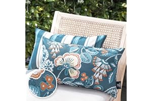 Phantoscope Pack of 2 Outdoor Indoor Throw Decorative Pillow Cover Floral Striped Waterproof Patio Pillows Cushion Case for Couch Tent Park, Dark Blue 12 x 20 Inches