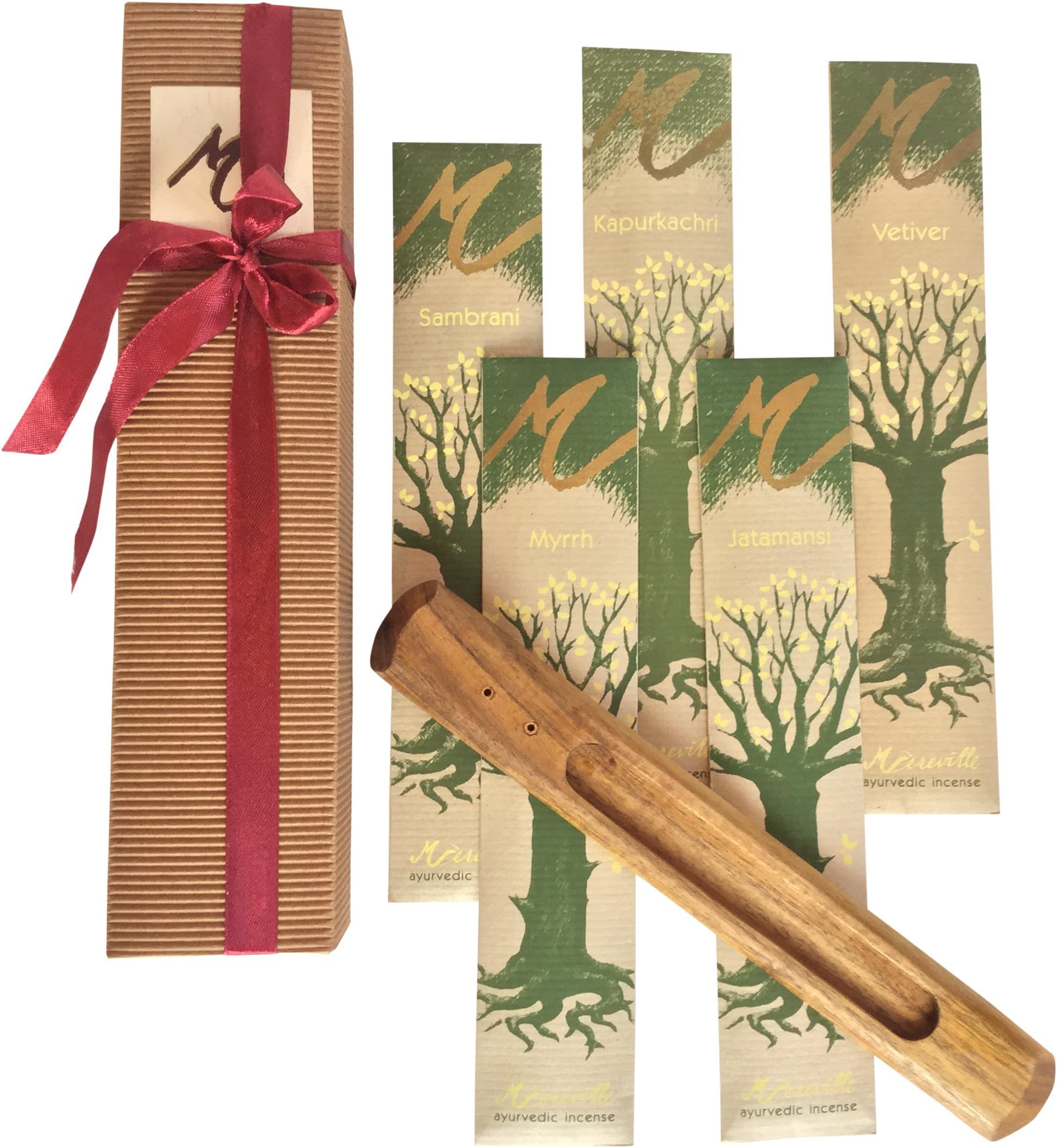 PREMIUM INCENSE STICKS, AYURVEDIC AROMATIC INCENSE GIFT SET BOX CONTAINS 5 TYPES OF INCENSE STICKS (JATAMANSI, KAPURKACHURI, MYRRH, VETIVER, AND SAMBRANI) AND A WOODEN STICK HOLDER. Great GIFT IDEA
