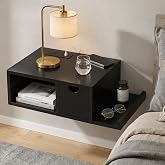 Afuly Black Floating Nightstand, Bedside Table with Charging Station&amp;Drawer | Wall Mount End Table with Storage, Natural Wood Side Table with Open Shelf, Modern Furniture for Bedroom, Small Space, Corner