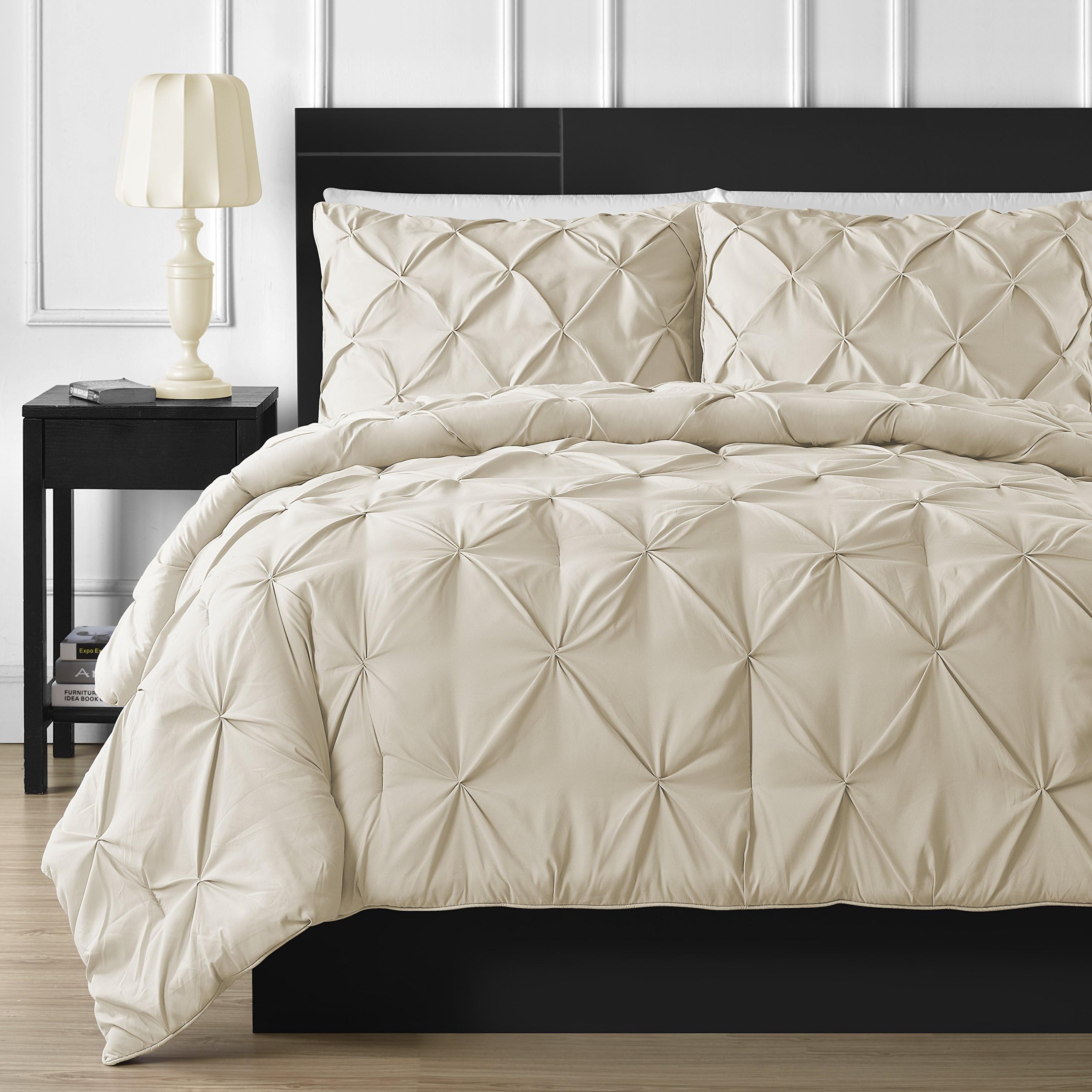 Comfy Bedding Double Needle Durable Stitching 3-Piece Pinch Pleat Comforter Set All Season Pintuck Style, California King, Beige