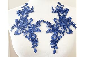 PEPPERLONELY 1 Pair Fine Lace Fabric Patches Embroidered Trim Applique Decor Dress Decoration, Royal Blue, 10 X 6 Inch
