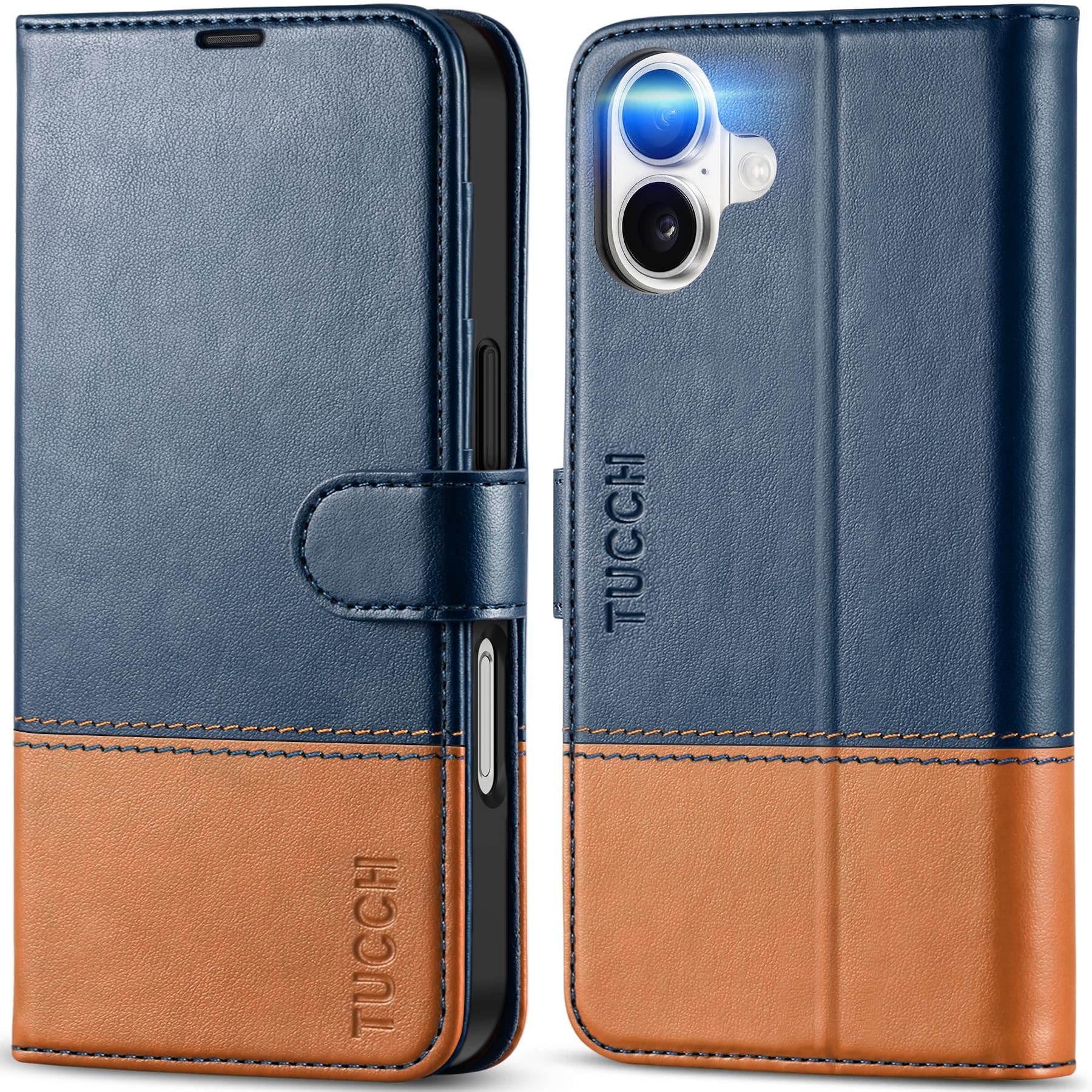 TUCCH Case for iPhone 16 (6.1") 2024 5G, PU Leather Wallet Magnetic Protective Flip Folio Stand Cover with [RFID Blocking]Card Holders[Kickstand][Shockproof TPU]Compatible with iPhone 16, Blue&Brown
