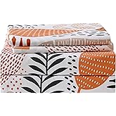 Yibeizi Boho Leaves Printed Sheet Set King, Botanical Pattern Bed Sheets Microfiber Bedding Sheets & Pillowcases Soft 15" Extra Deep Pocket Fitted Bedsheet 4 Piece