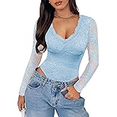 SAUNGKUAI Women's V Neck Lace Bodysuit Long Sleeve Bodysuits Double Lined Going Out Tops Y2K Trendy Thong Outfits