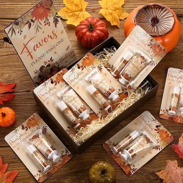 DANSIB 30 SET GENDER REVEAL GIFTS FOR GUESTS 30 PCS PUMPKIN BABY SHOWER HAND CREAM AND 30 PCS LIP BALM WITH 1 WOODEN STAND BABY SHOWER PRIZES PARTY FAVORS FOR GUESTS FOR GENDER REVEAL SOUVENIRS