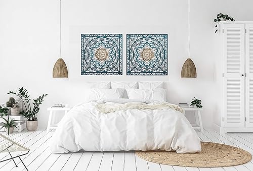 Amazon Com Wood Decor Mandala Set Of 2 Square Bedroom Wall Hanging Turquoise Gold Modern Morrocan Handmade Geometric Housewarming Gift Boho Ethnic New Home Decor Handmade